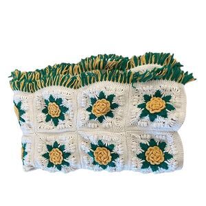 Hand crocheted patches sunflower fringe granny blanket throw white green yellow